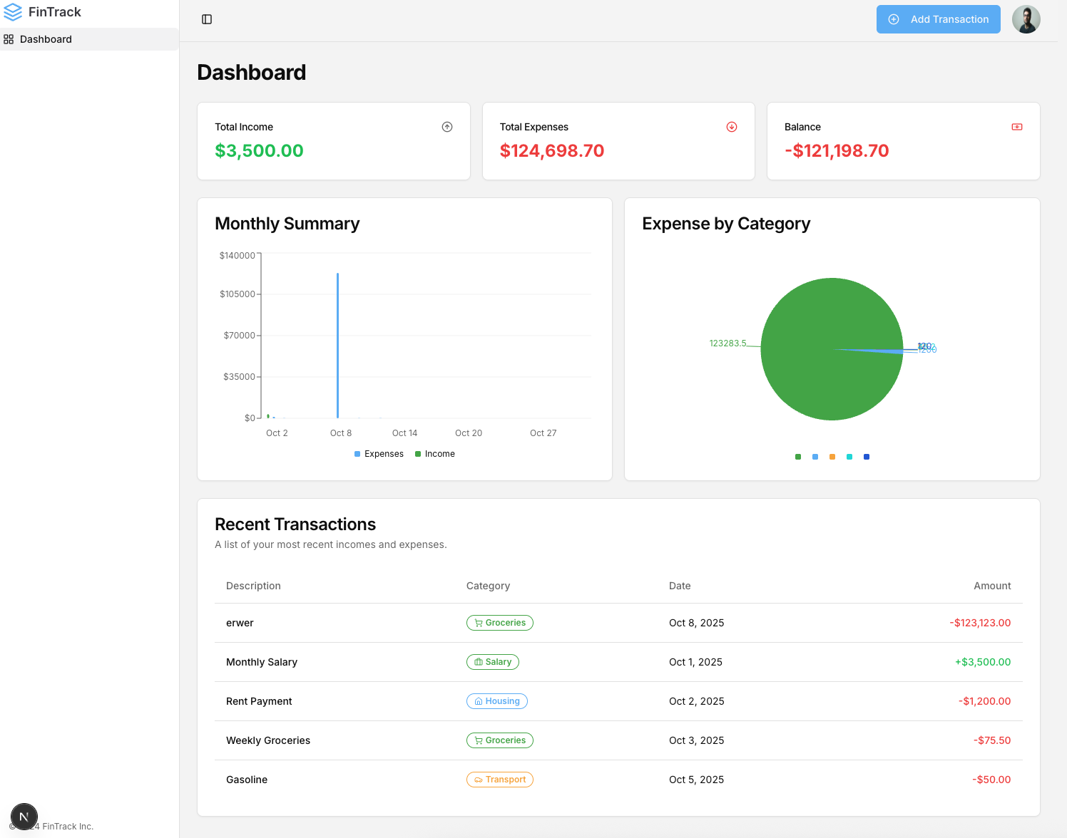 FinTrack - Personal Finance Dashboard